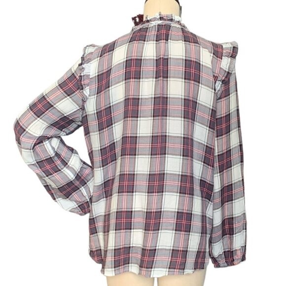 Loft Plaid Long Sleeve Blouse Ruffle Neck & Shoulder Sz L #125D - Picture 6 of 9